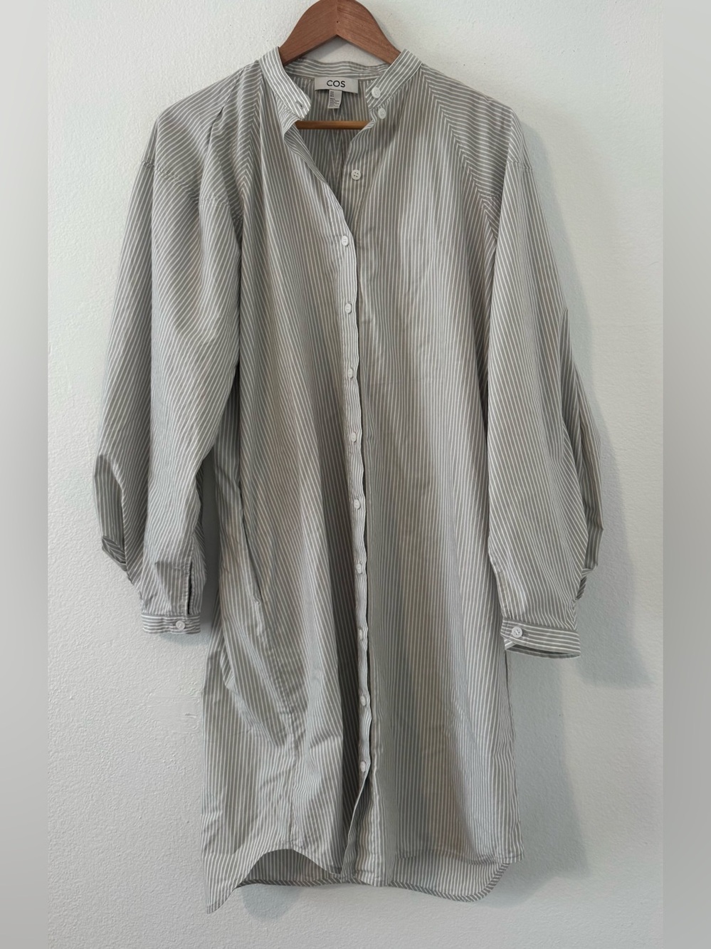 COS Grandad-Collar Midi Shirt Dress Striped Billow Sleeves Pockets Size 6